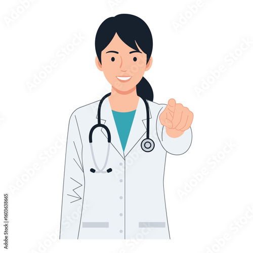 A friendly female doctor with a stethoscope is pointing her finger forward, inviting patients for a checkup and providing medical advice in a clean, vector illustration.