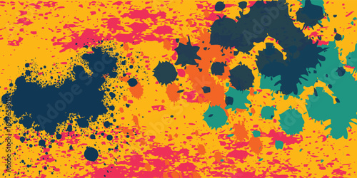 A vibrant and festive pattern of colorful paint splatters. The explosion of pink, orange, and blue on a yellow background evokes the joyful chaos of a color festival like Holi or a summer party.