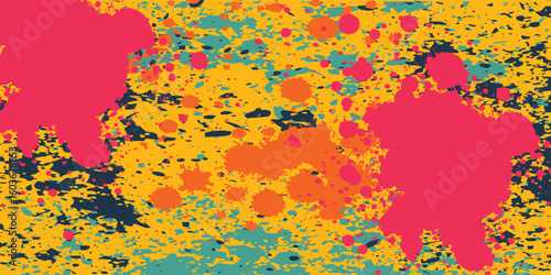 A vibrant and festive pattern of colorful paint splatters. The explosion of pink, orange, and blue on a yellow background evokes the joyful chaos of a color festival like Holi or a summer party.