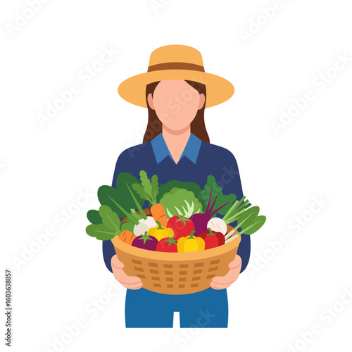 A smiling young female farmer proudly presents a large basket brimming with freshly harvested colorful vegetables, representing the bounty of the harvest season.