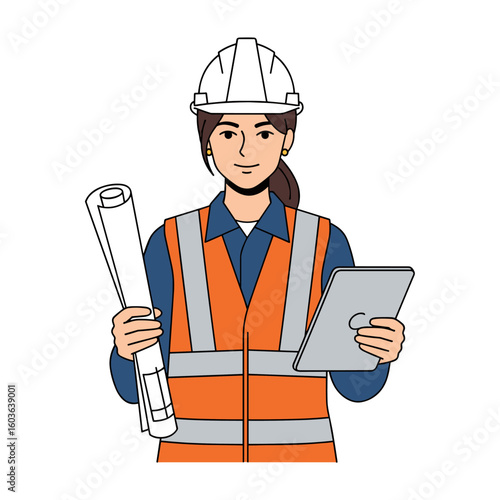 A female construction worker wearing a hard hat and safety vest is holding blueprints and a tablet, ready to manage and oversee the building project.
