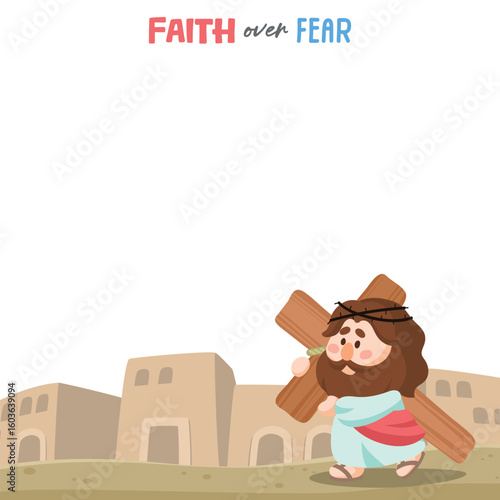 Cute Cartoon Jesus Christ Carrying Cross Illustration Card with Blank Space