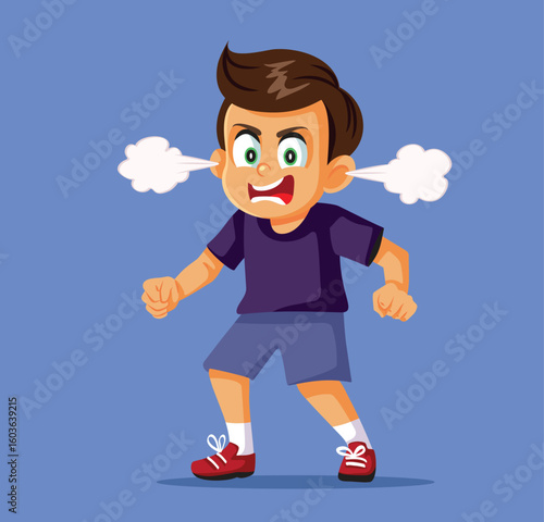 Furious Boy Having an Anger Outburst Vector Cartoon Character. Child feeling upset misbehaving shouting and being aggressive