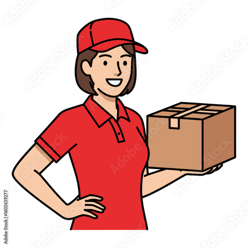 Happy delivery woman in red uniform holding a cardboard box, smiling and ready to deliver your package quickly and safely. Perfect for e-commerce, shipping, logistics, and delivery service websites