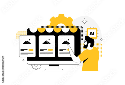 AI product recommendation improves personalized shopping experience and boosts conversions. Marketplace aI product recommendation UX design and e-commerce personalization. Flat vector illustration