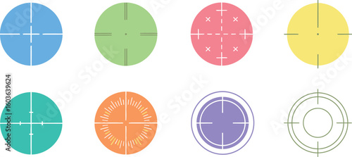 A collection of eight colorful circular targets with crosshairs on a white background display