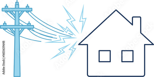 Illustration of a power line pole with wires leading to a house being struck by lightning bolts