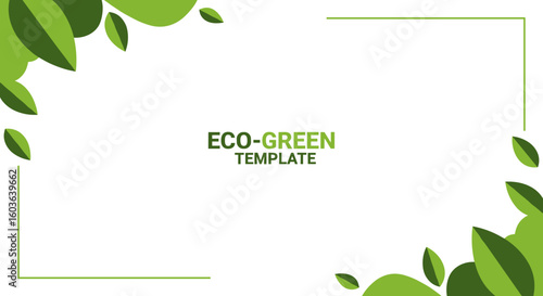 Fresh green leaves frame a clean, eco-friendly template, ideal for presentations or designs focused on sustainability and environmental themes with a modern aesthetic.