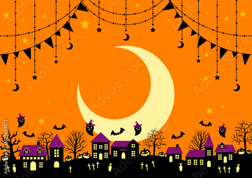 楽しいハロウィン村背景、横、オレンジ、かわいい、三日月、イラスト