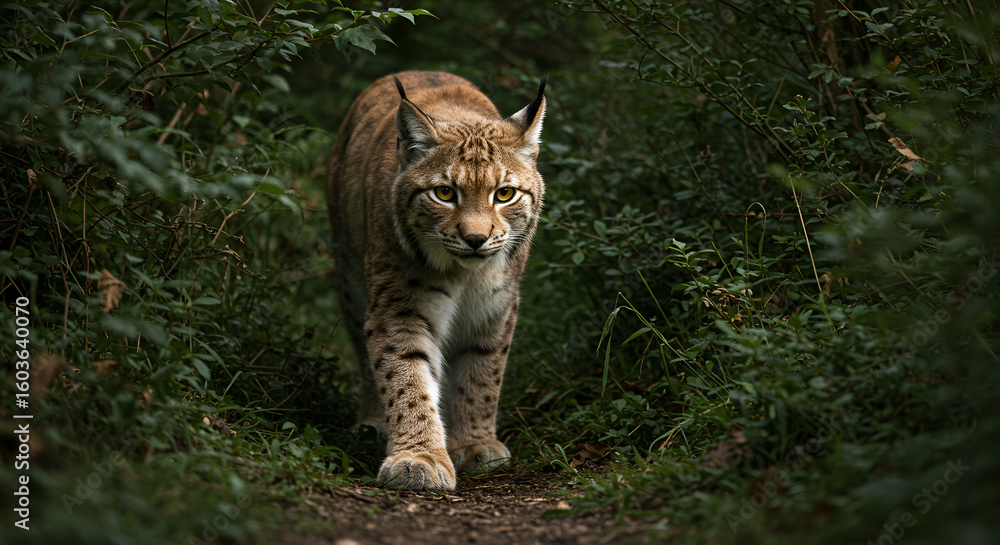 Obraz premium Lynx walking through forest undergrowth