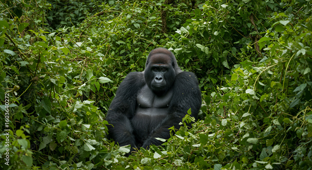 Naklejka premium Majestic gorilla amidst lush foliage
