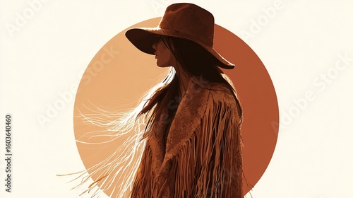 Woman in a wide-brimmed hat and fringed jacket profile against a bright sun shape