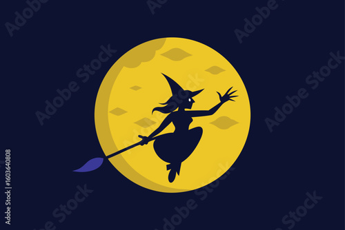 Witch shadow spreading across moonlight vector illustration