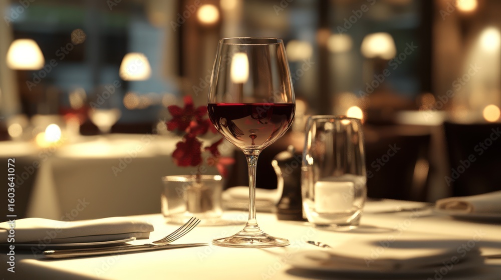 Obraz premium Red Wine in Restaurant Setting, Elegant Table
