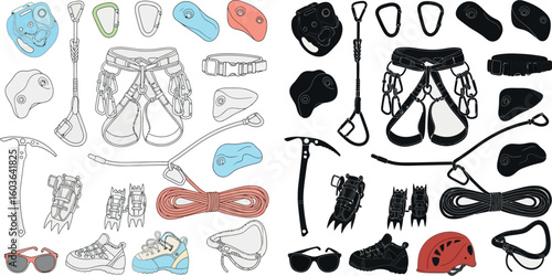 Illustration showcasing climbing equipment in both color outline and solid black silhouette style