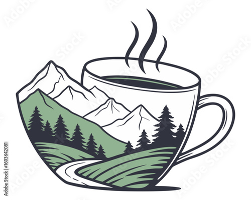 Coffee cup with mountain landscape silhouette