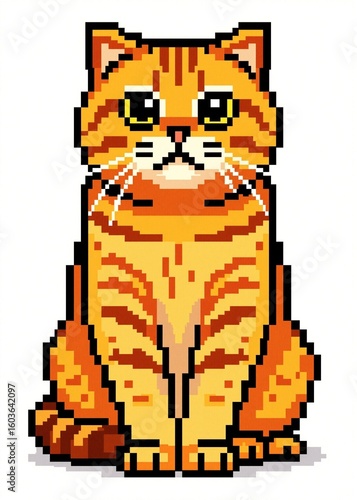 Cute orange tabby cat in charming pixel art style. Retro game inspired digital illustration of a sitting feline, isolated on a white background, perfect for designs