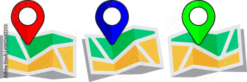 Vector illustration of three colorful map icons with red, blue, and green location pins. Ideal for GPS, navigation, maps, travel apps, or geolocation services. Free Download Vector illustration of three colorful map icons with red, blue, and green location pins. Ideal for GPS, navigation, maps, travel apps, or geolocation services. - GFXLoad