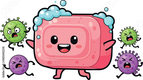 A cartoon soap character with bubbles chasing away cartoon virus characters on a white background