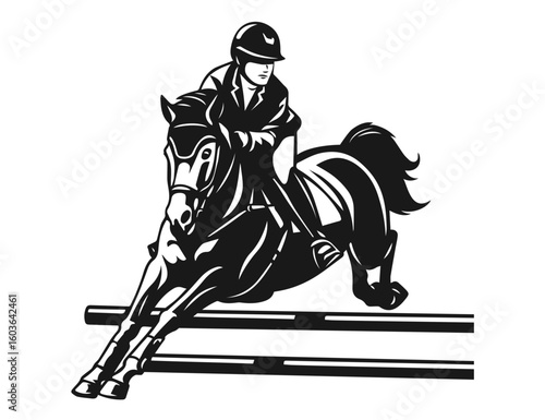Equestrian rider jumping over hurdle on horse in black and white graphic style