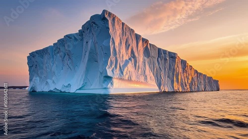 Large Ice Chunk Drifting on Ocean at Sunset: Golden Light Reflects on Cold Water Surface, Symbol of Climate Change and Melting Ice in Polar Region, Peaceful Natural Seascape Scene

