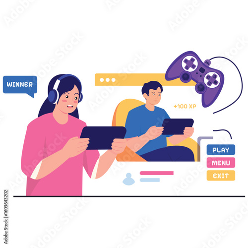 E-sport Activity Illustration. Vector illustration of Two gamers, male and female, competing against each other in a mobile multiplayer game match. Isolated on background