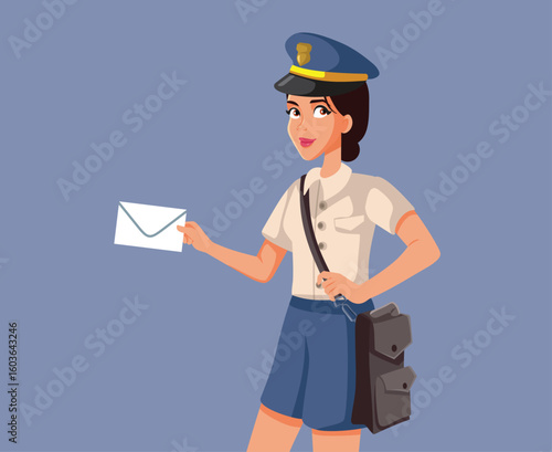 Happy Postal Office Worker Holding Mail Vector Character. Post office employee delivering letters to recipients 
