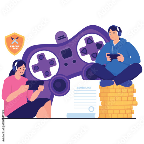 E-sport Activity Illustration. Vector illustration of Two young pro gamers sign a contract to join an e-sport team, surrounded by gaming tools and gold coins. Isolated on background