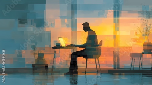 Side view of focused person working remotely from home, clean lines, soft natural light and tech interface glowing effect, detailed devices such as laptop and smartphone