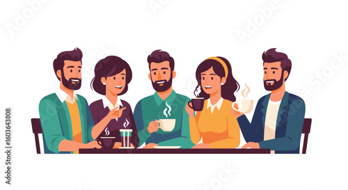 Happy friends enjoying coffee together, sharing conversation and laughter in a modern setting.