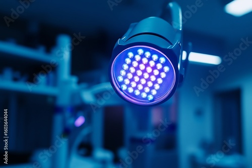 Close up of glowing LED curing light in a sterile clinical setting no human no labelling no logo