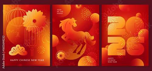 Chinese New Year  vector cards. 2026 year of the Horse. Lunar new year concept. Geometric modern design with abstract forms, gradients, horse, lantrerns, fireworks. Design for calendar, cover, flyer.