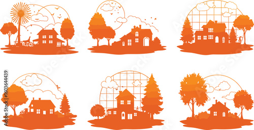 Charming village scenes with quaint houses, trees, and windmills evoke idyllic country living.
