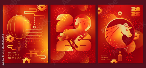 Chinese New Year  vector cards. 2026 year of the Horse. Lunar new year concept. Geometric modern design with abstract forms, gradients, horse, lantrerns, fireworks. Design for calendar, cover, flyer.