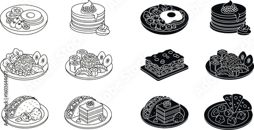 A collection of twelve different food dishes including pancakes, tacos, and lasagna in black and white