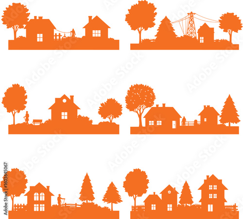 Charming village scenes with houses, trees, and people enjoying peaceful rural life