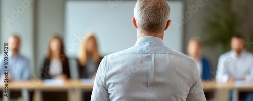A man is facing a panel of four blurred interviewers in a professional setting, likely participating in a job interview or presentation.