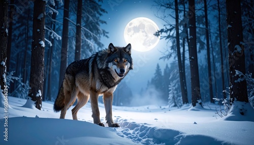 Majestic wolf in a snowy forest at night under a full moon