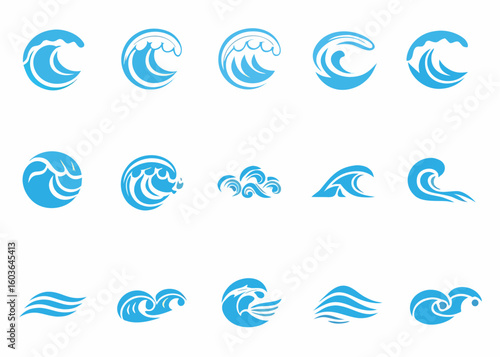 Vector  collection of fifteen blue wave icons in various shapes and styles representing ocean and water themes