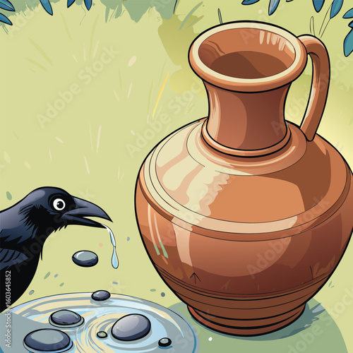 The thirsty crow from Aesop's fable holding a pebble to drop into a water pitcher, an educational vector illustration about problem-solving.