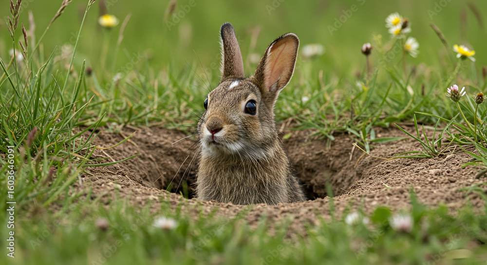 Fototapeta premium Rabbit peeking from burrow in grassy field