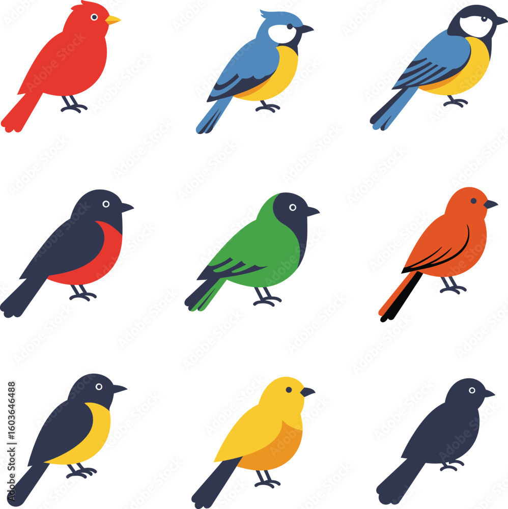 Fototapeta premium Vibrant collection of stylized birds in assorted colors, perfect for nature themes and designs