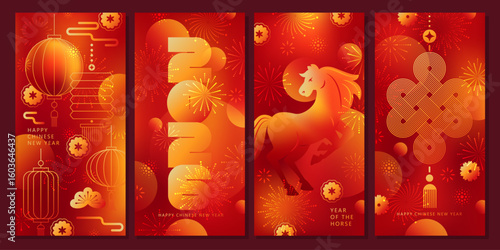 Chinese New Year  vector cards. 2026 year of the Horse. Lunar new year concept. Geometric modern design with abstract forms, gradients, horse, lantrerns, fireworks. Design for calendar, cover, flyer.