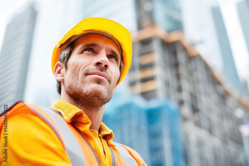 A construction worker in a yellow hard hat and vest stands confidently at a building site with skyscrapers in the background A construction worker in a yellow hard hat and vest stands confidently at a building site with skyscrapers in the background