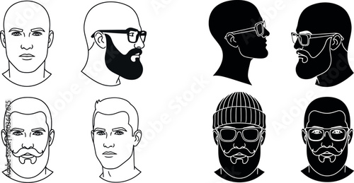 Illustration of various male head outlines with different hairstyles beards and accessories styles