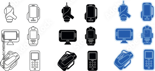 Illustration of various devices including handheld scanners and mobile phones in different styles