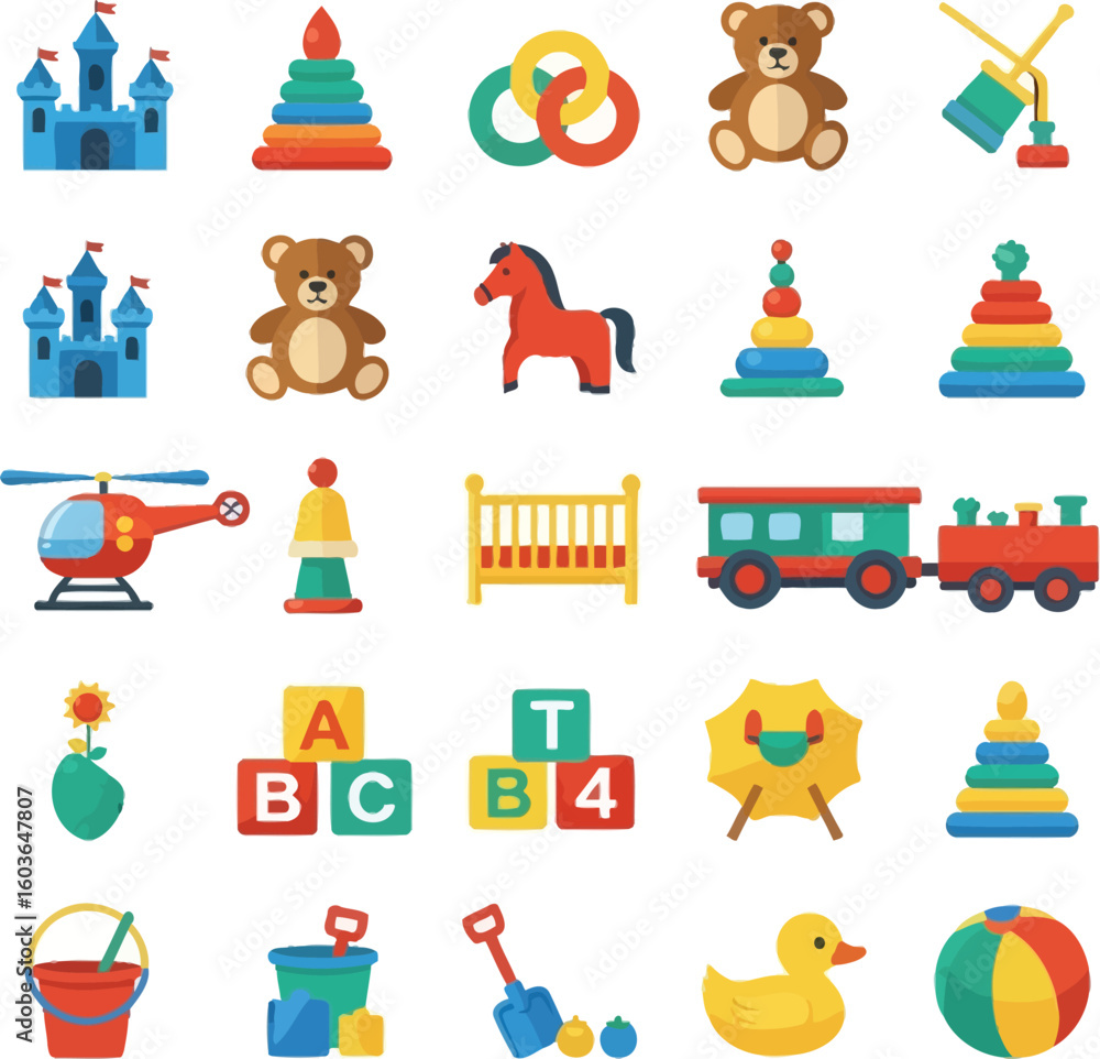 Naklejka premium Vibrant collection of classic children's toys evoking joy and playful learning experiences