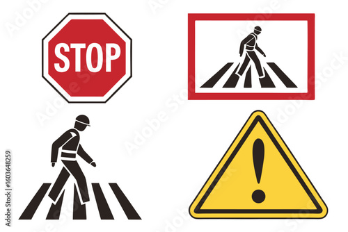 Road Safety Signage Featuring a Stop Sign, Pedestrian Crossing Signs and a General Warning Sign with an Exclamation Point