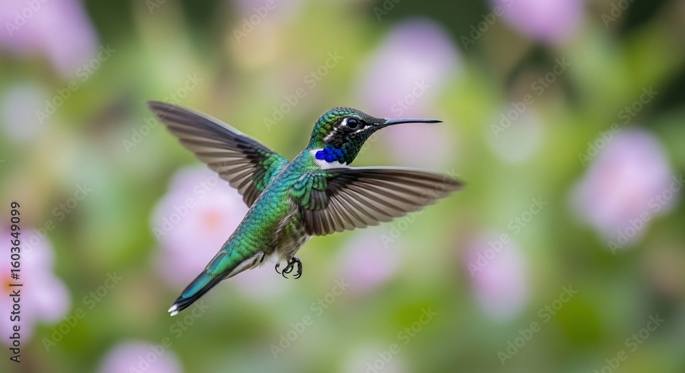 Obraz premium Emerald hummingbird in flight, surrounded by out-of-focus flowers.