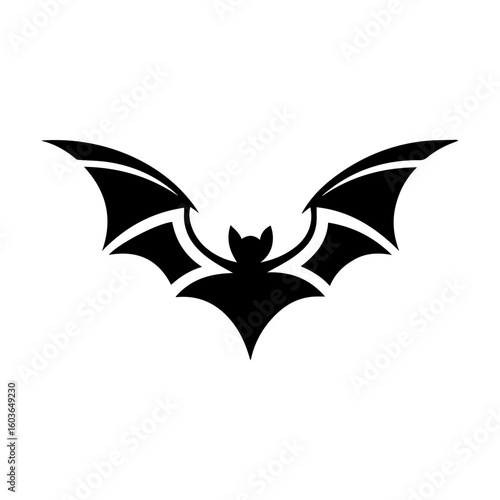 A black bat with spread wings in a clean flat silhouette. A staple symbol of Halloween night and spooky scenes.